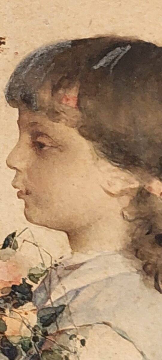 Watercolor on paper, portrait of a young girl, signed Alessandro Rontini, Florence (1854-1933)