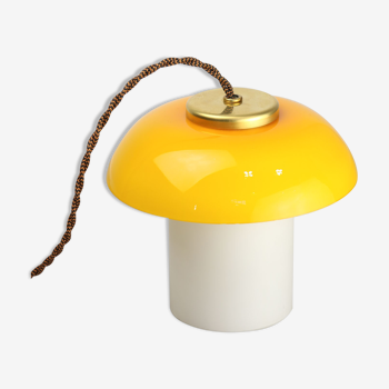 Mid-century yellow glass & brass mushroom table lamp