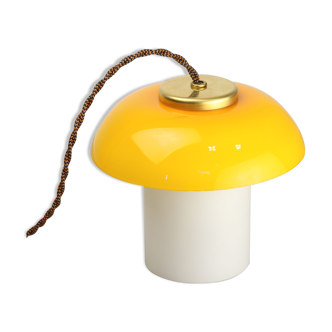 Mid-century yellow glass & brass mushroom table lamp