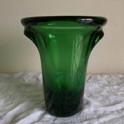 1950s Médicis vase, large Art Deco with handles, made of green blown glass.