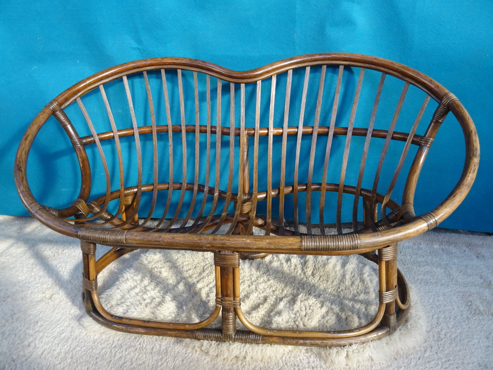 Vintage rattan bench 70s