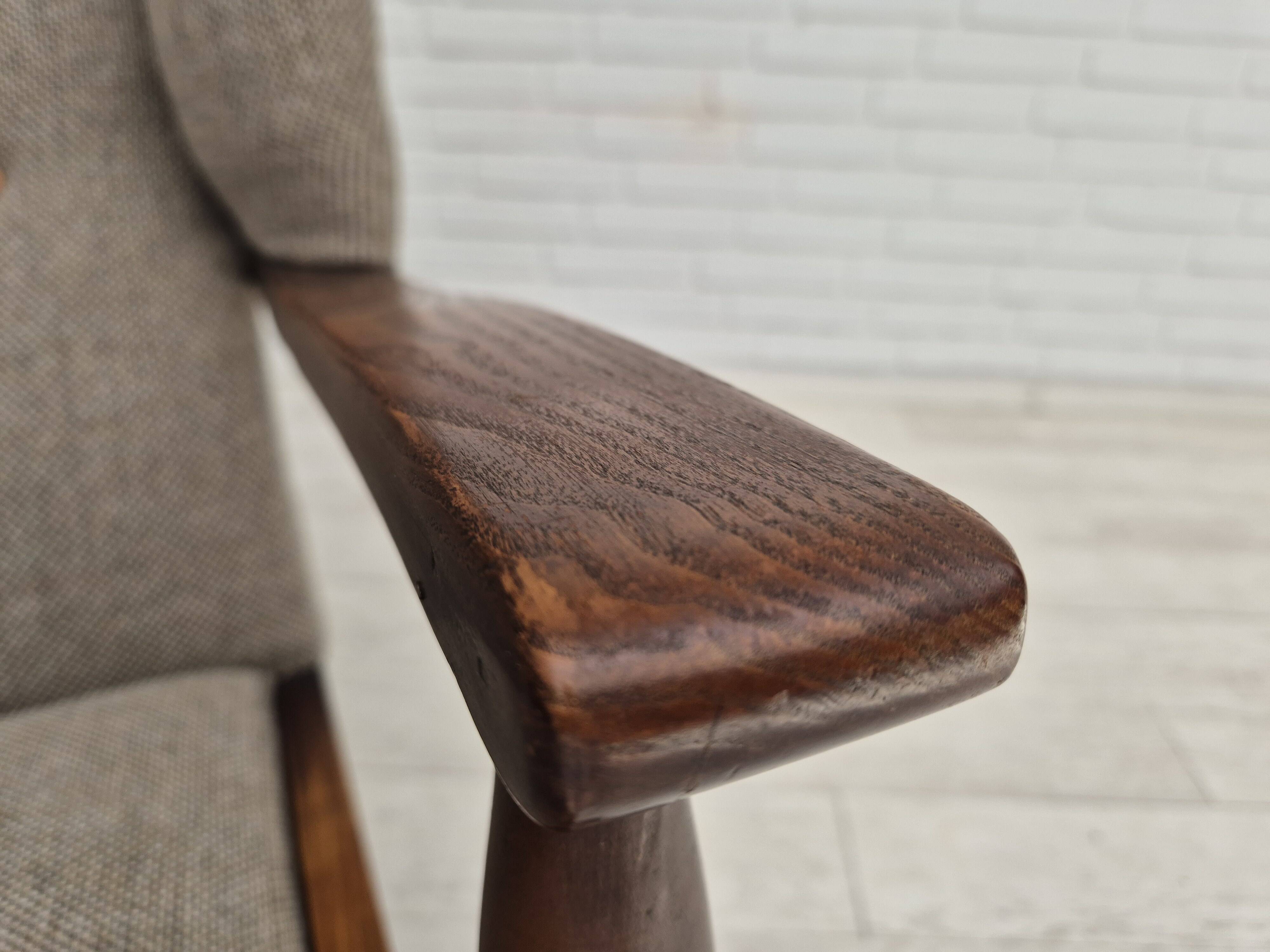 1960s, Scandinavian design, reupholstered high-back armchair, furniture wool, oak wood.