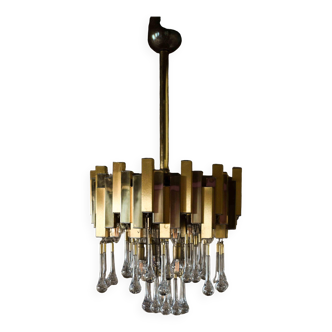 Glass teardrop and brass chandelier attributed to Willy Rizzo