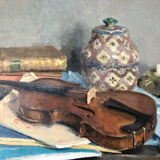 Huile sur panneau, violon sur table, signée Charles-Pierre Bernard