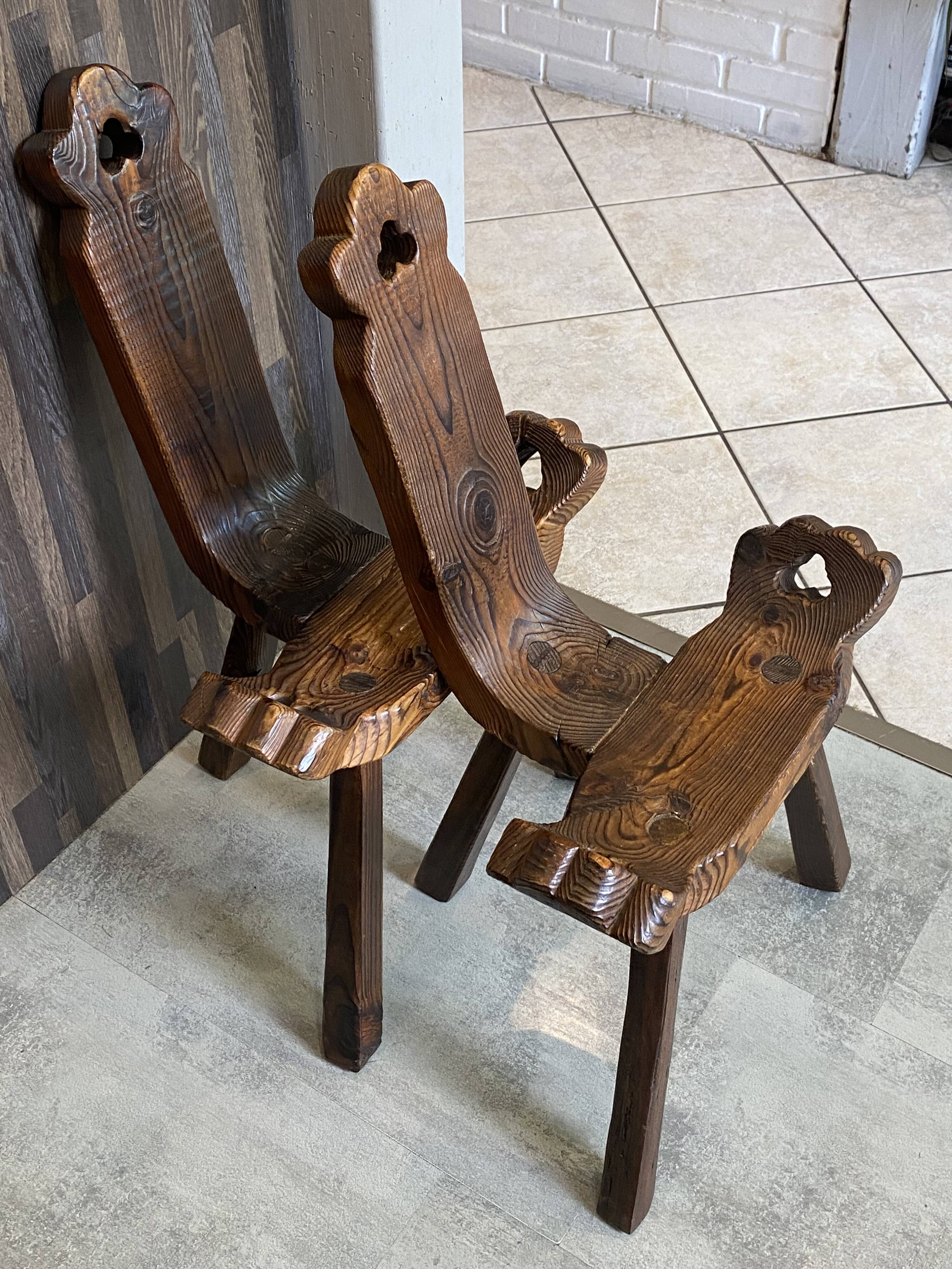 Brutalist tripod chair n1, carved solid wood, antique.