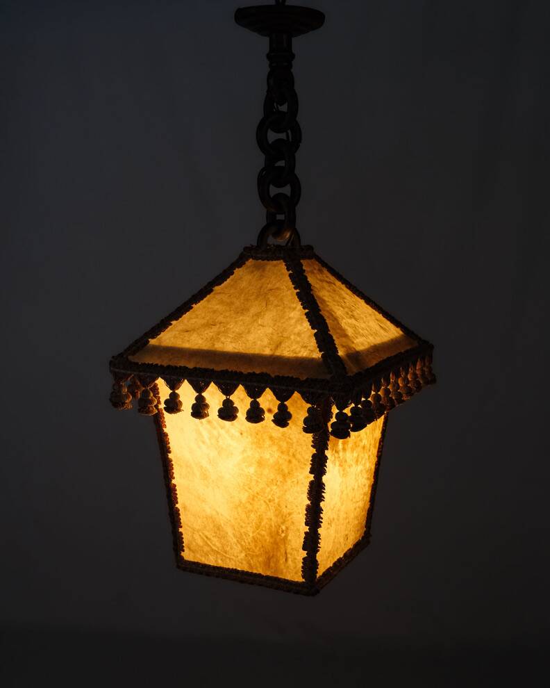 Suspension lanterne en parchemin et passementeries, France, 1960s
