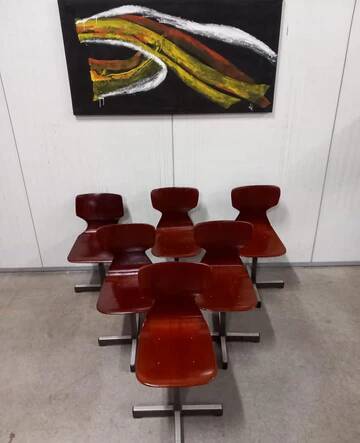 Set of 6 mid-century modern Pagholz chairs, moulded plywood seats, steel base, 1960s