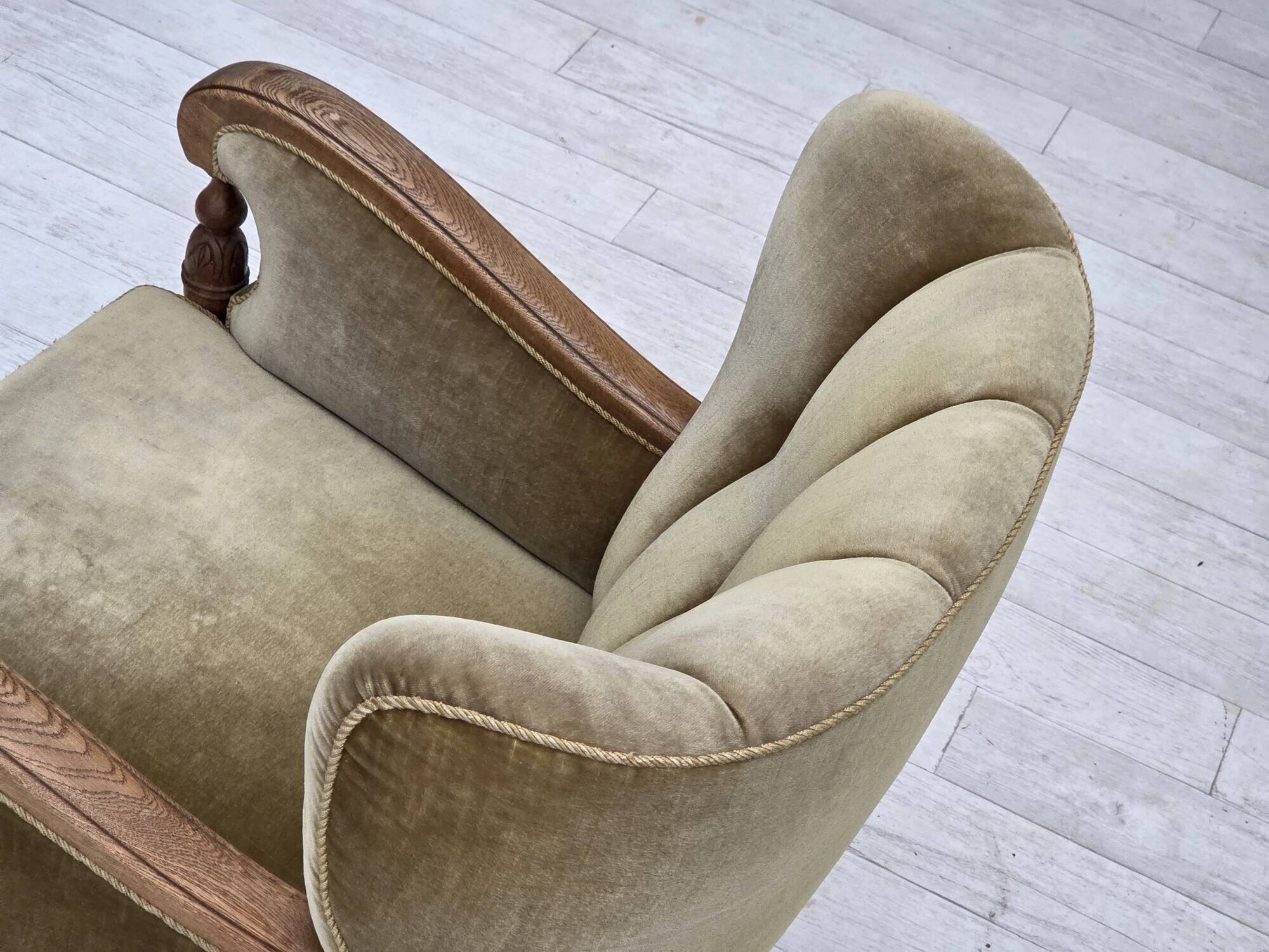 1960s, Danish armchair, green furniture velour, solid carved oak wood.