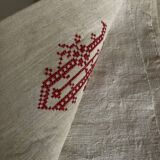 Nappe en toile de chanvre brut 19e brodée XXL