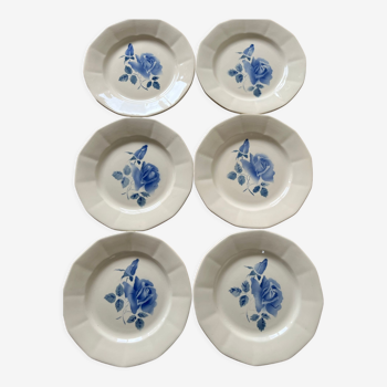 6 assiettes plates anciennes Digoin & Sarreguemines décor "rose bleue"