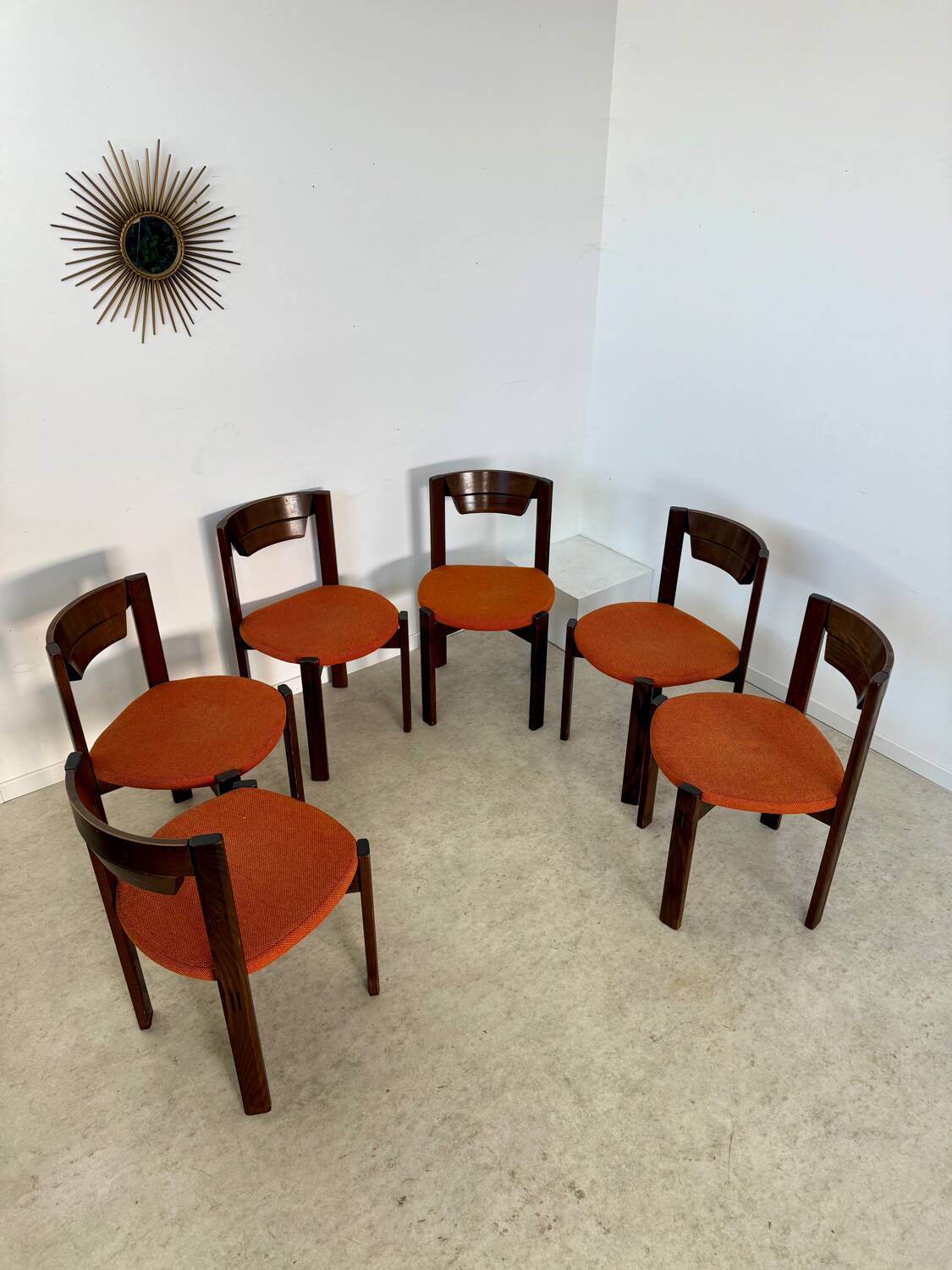 Set of 6 Girsberger Scandinavian style chairs from the 70s, vintage, solid wood, original fabric