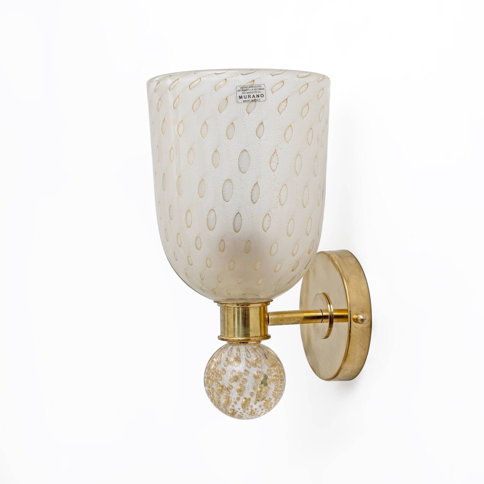Pair of Murano Pulegoso Glass and Brass Wall Sconces, Italy