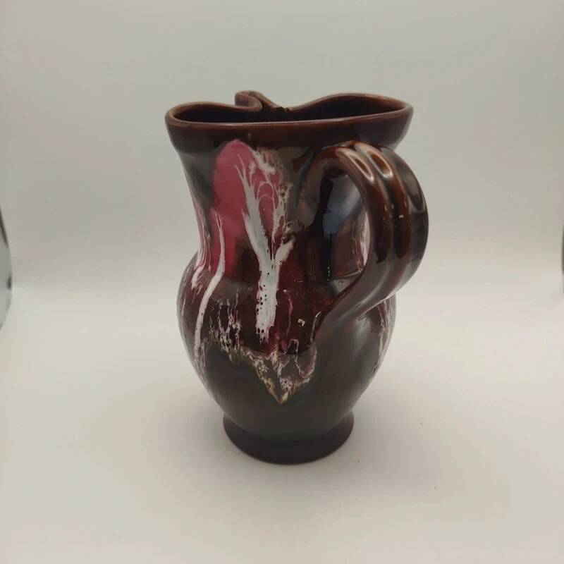 Pichet Vallauris vintage glazed ceramic with red drip design from the 1960s.