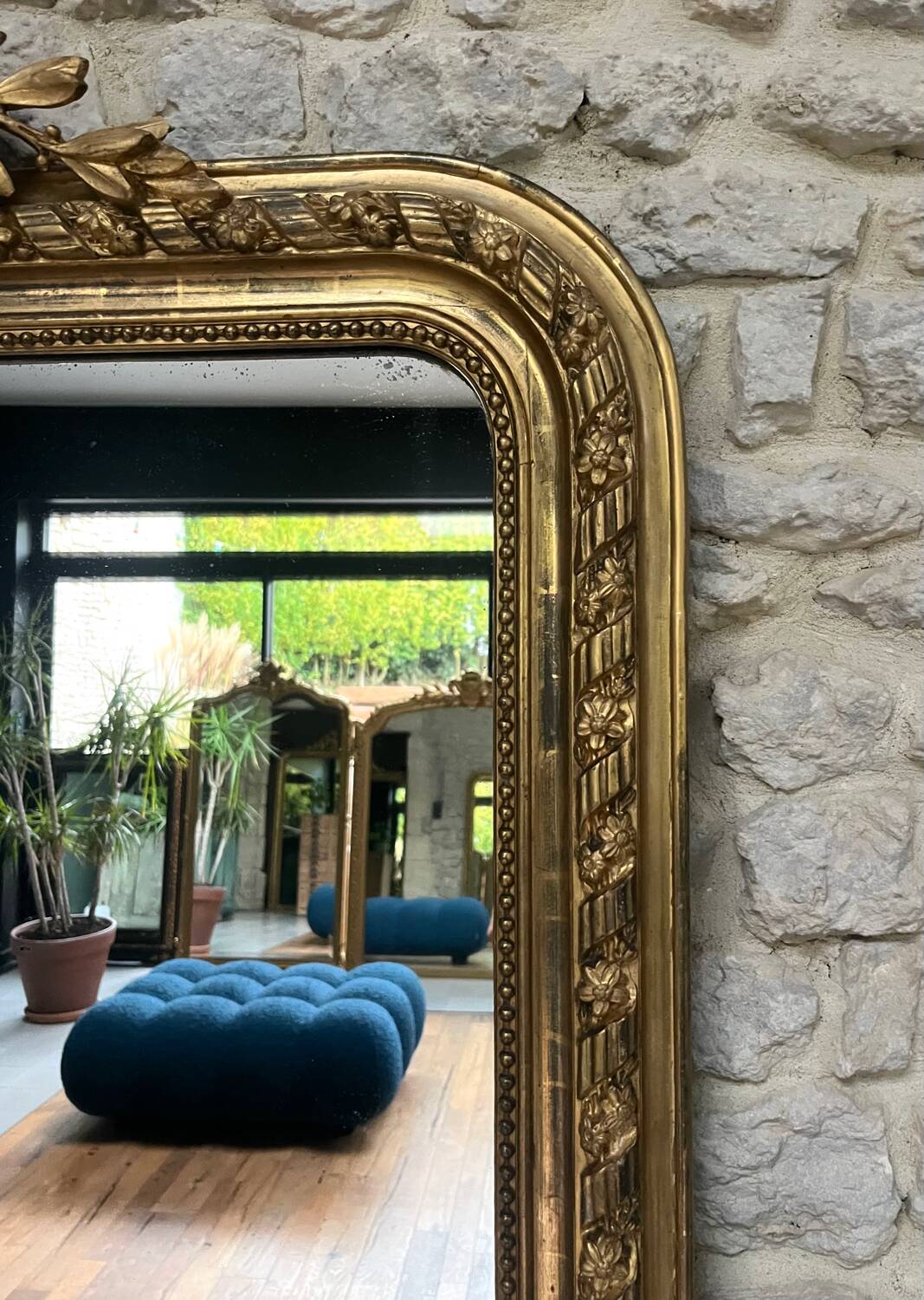 Antique Louis-Philippe fireplace mirror with pediment and beading, 174.5cm