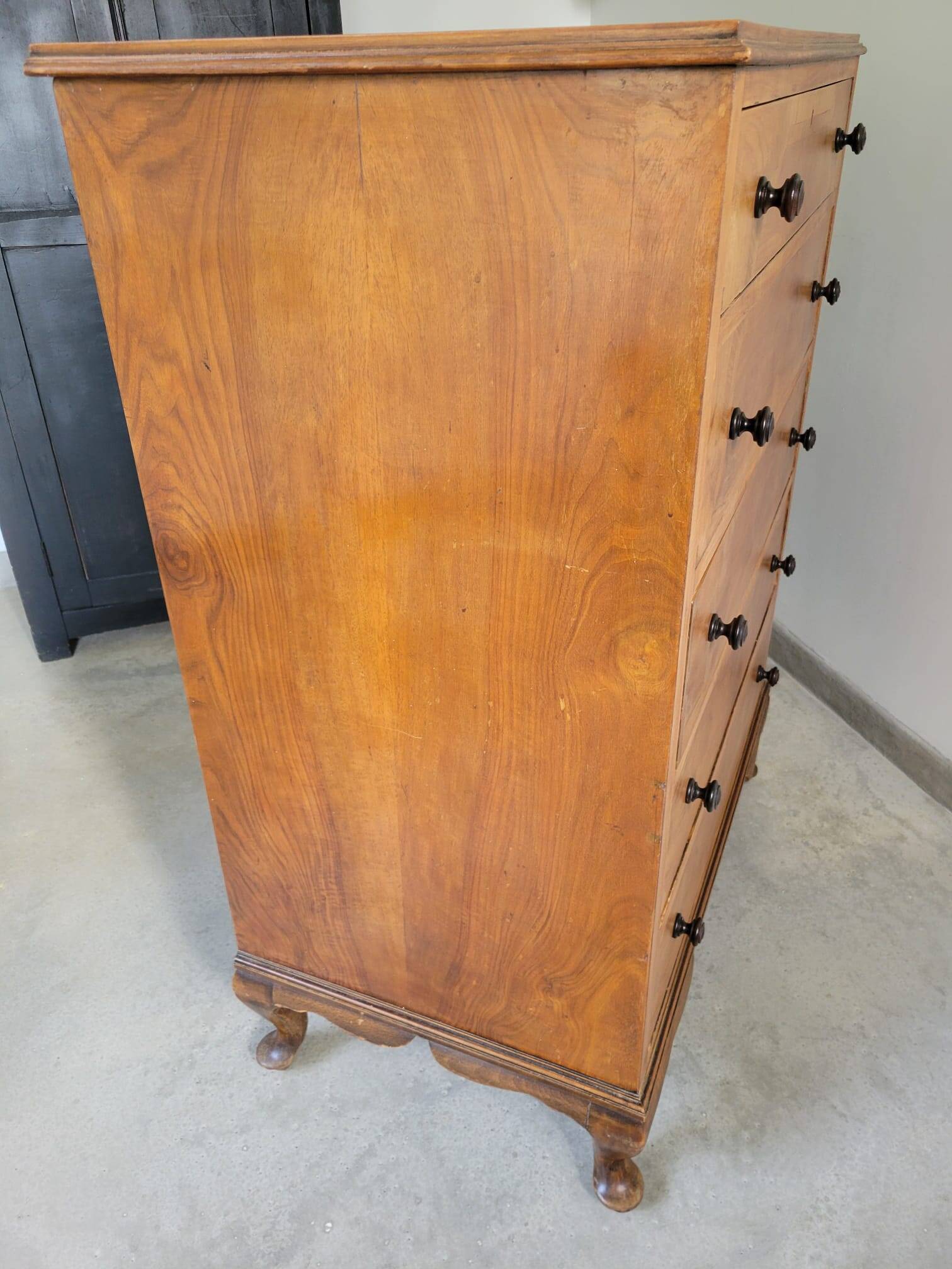 Commode anglaise haute 5 tiroirs marqueterie en ronce