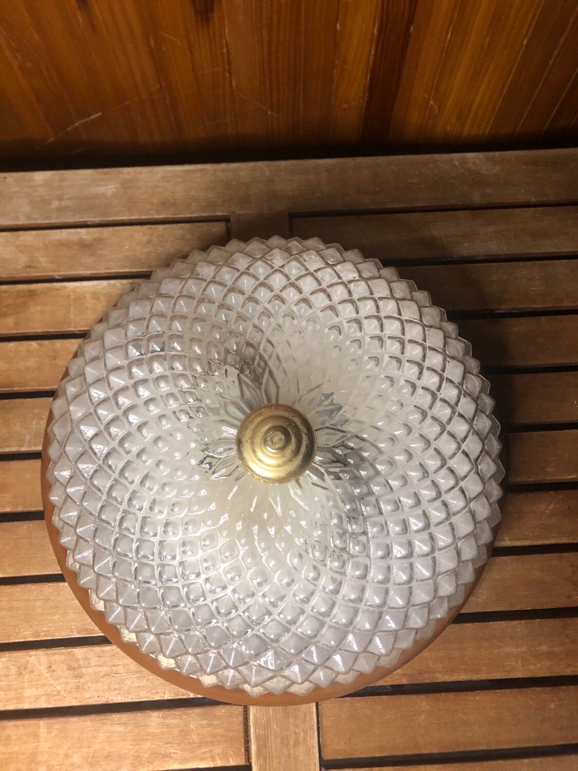Old molded glass ceiling light + brown & gold metal contour vintage