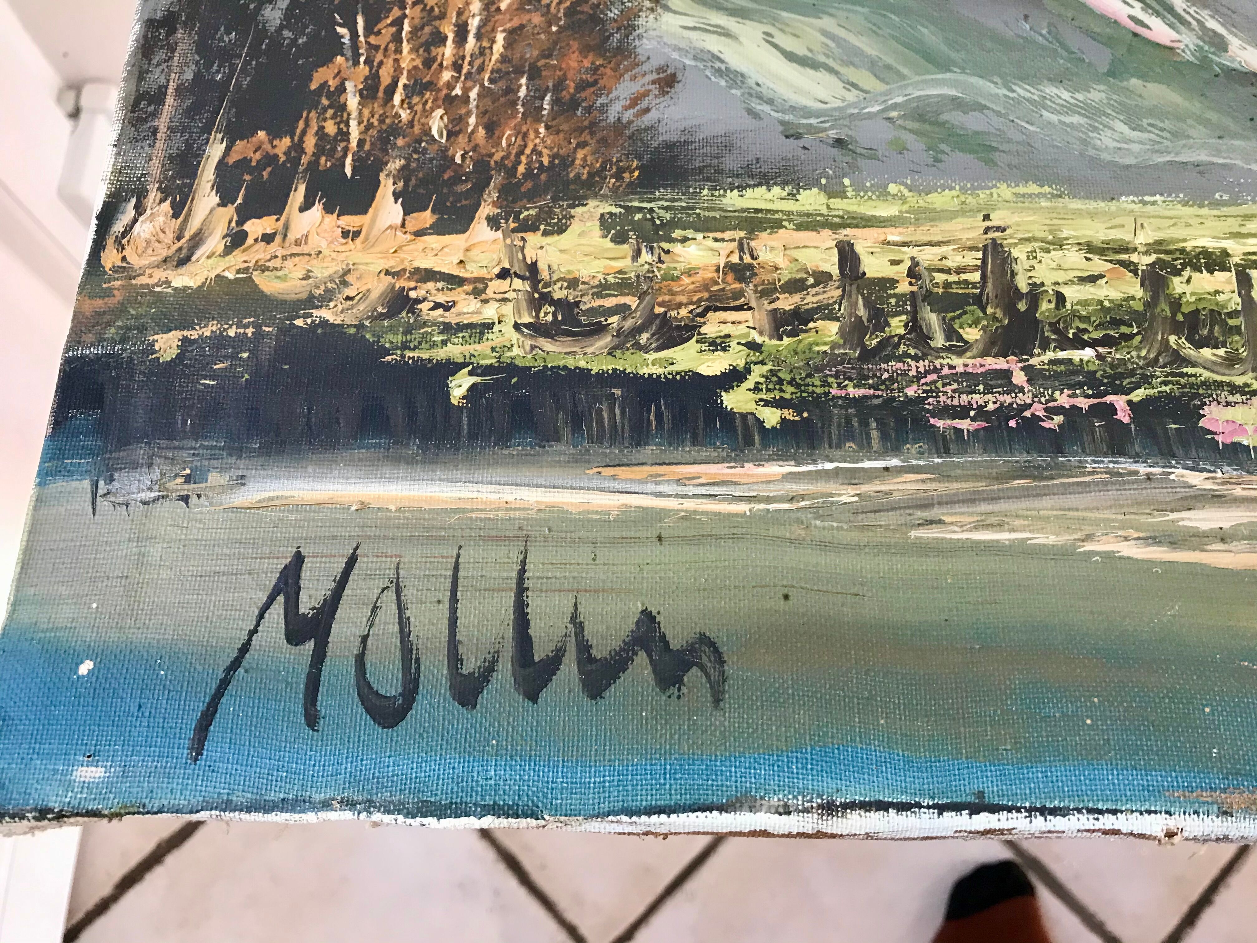 Oil painting on canvas landscape vintage mountains signed mollin