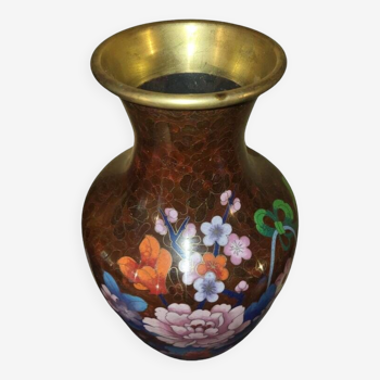 Vase chinois cloisonné  en cuivre, décor floral Vintage 1950/60