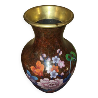 Vase chinois cloisonné  en cuivre, décor floral Vintage 1950/60