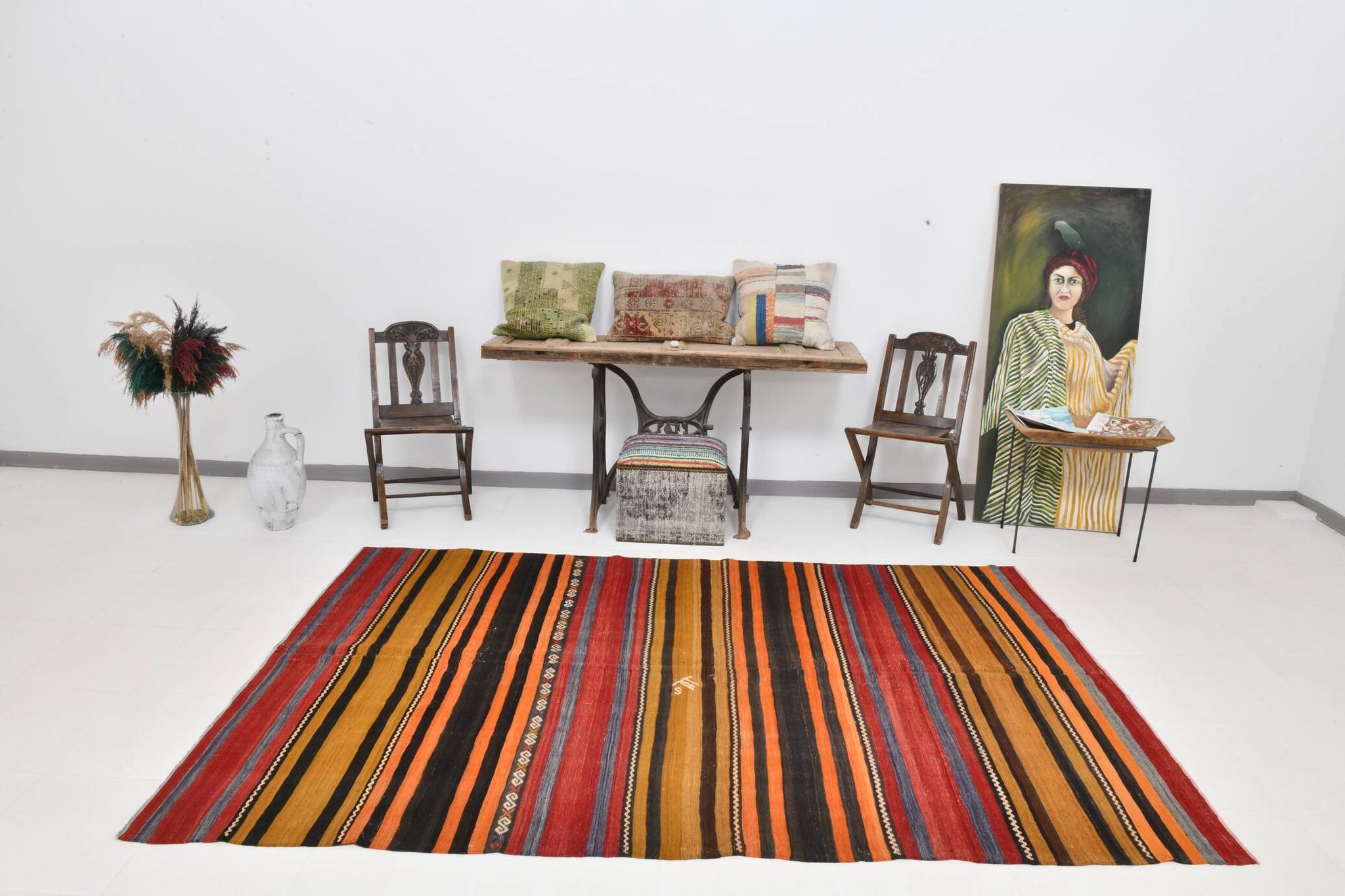 6x9 Green Orange Striped Turkish Vintage Kilim Rug 174x272Cm SK 2311