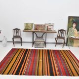 6x9 Green Orange Striped Turkish Vintage Kilim Rug 174x272Cm SK 2311