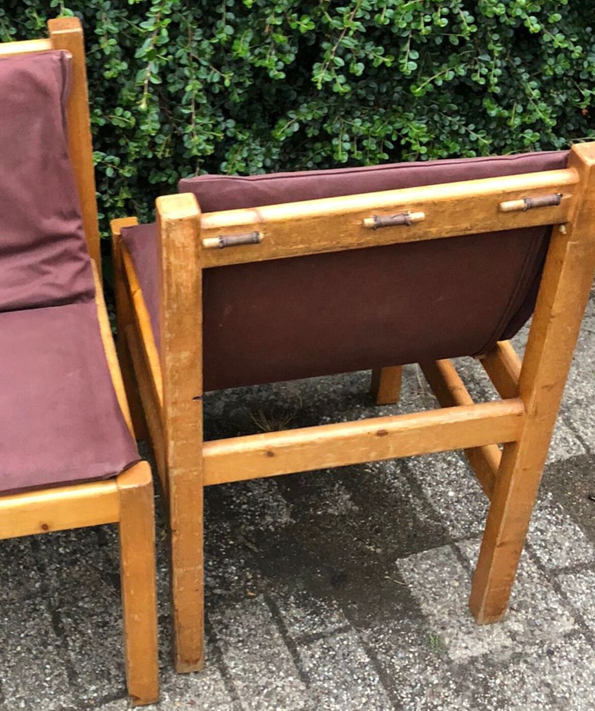 Set of 6 pine dining chairs sling seats canvas upholstery
