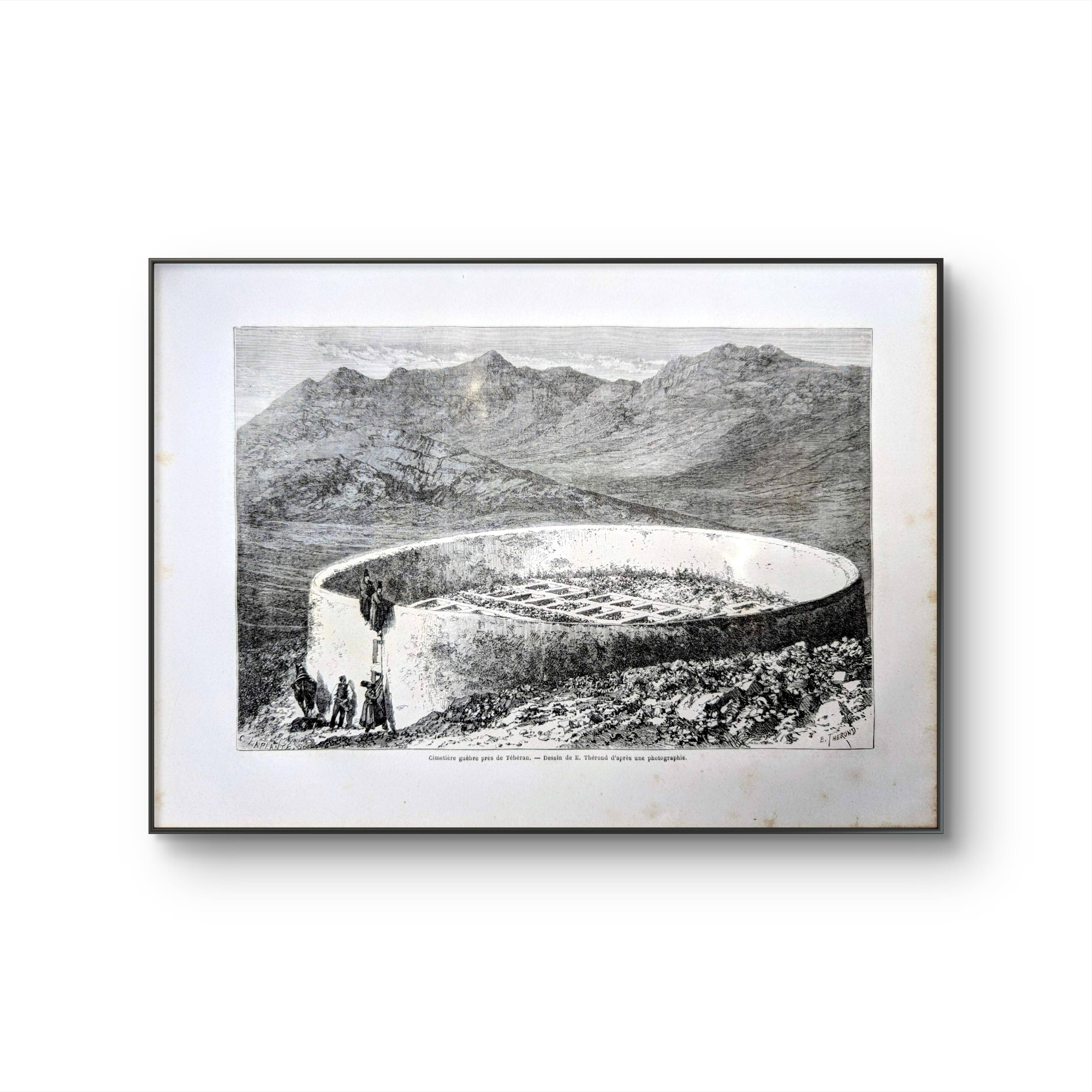 Gheber cemetery near Tehran, Iran. Printed in 1866.