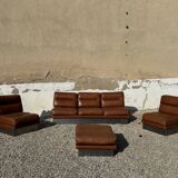 Salon complet en aluminium brossé et cuir marron, France 1970