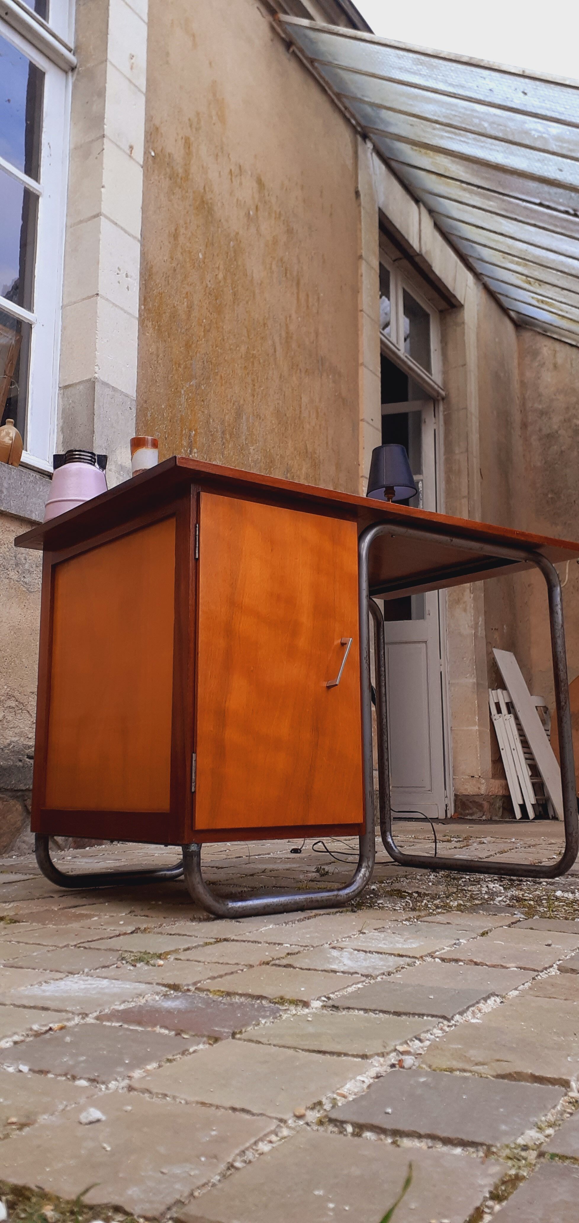 Vintage tubular desk year 50 in solid teak and light wood veneer