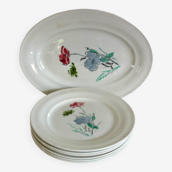 Set of 6 dinner plates and serving dish, vintage Floréal Saint Amand model