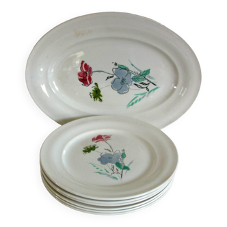 Set of 6 dinner plates and serving dish, vintage Floréal Saint Amand model