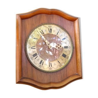 Wooden & brass wall clock, quartz star, retro chic country style - 1960