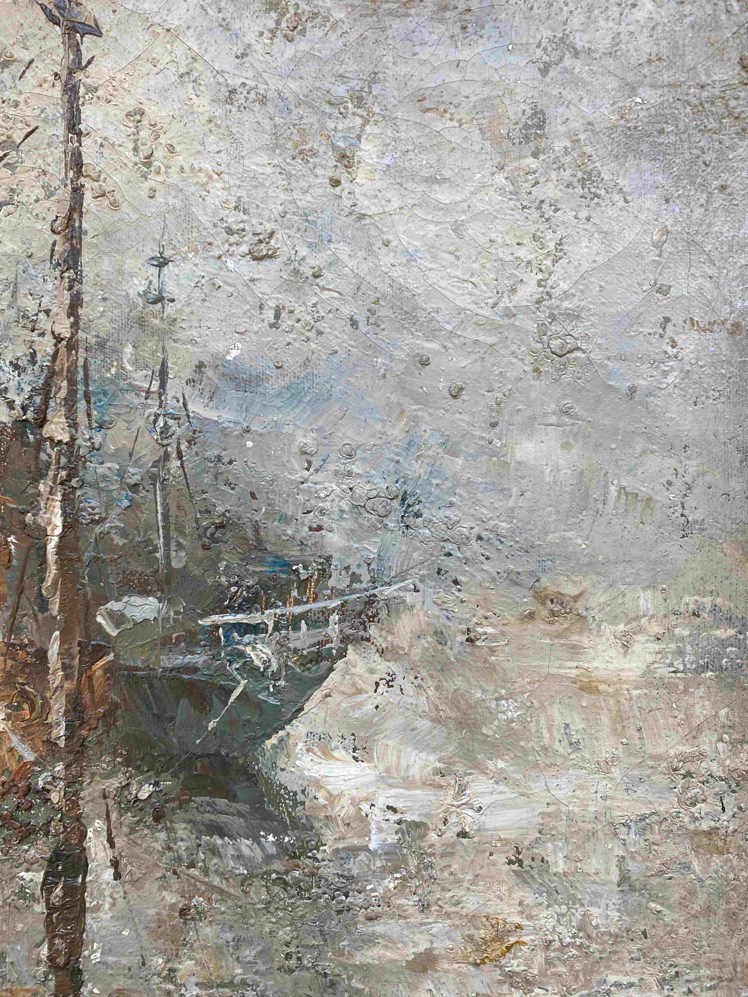 HST painting "Navy and boats at the dock" Edward Barton (1936-2012) ec. USA