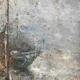 HST painting "Navy and boats at the dock" Edward Barton (1936-2012) ec. USA