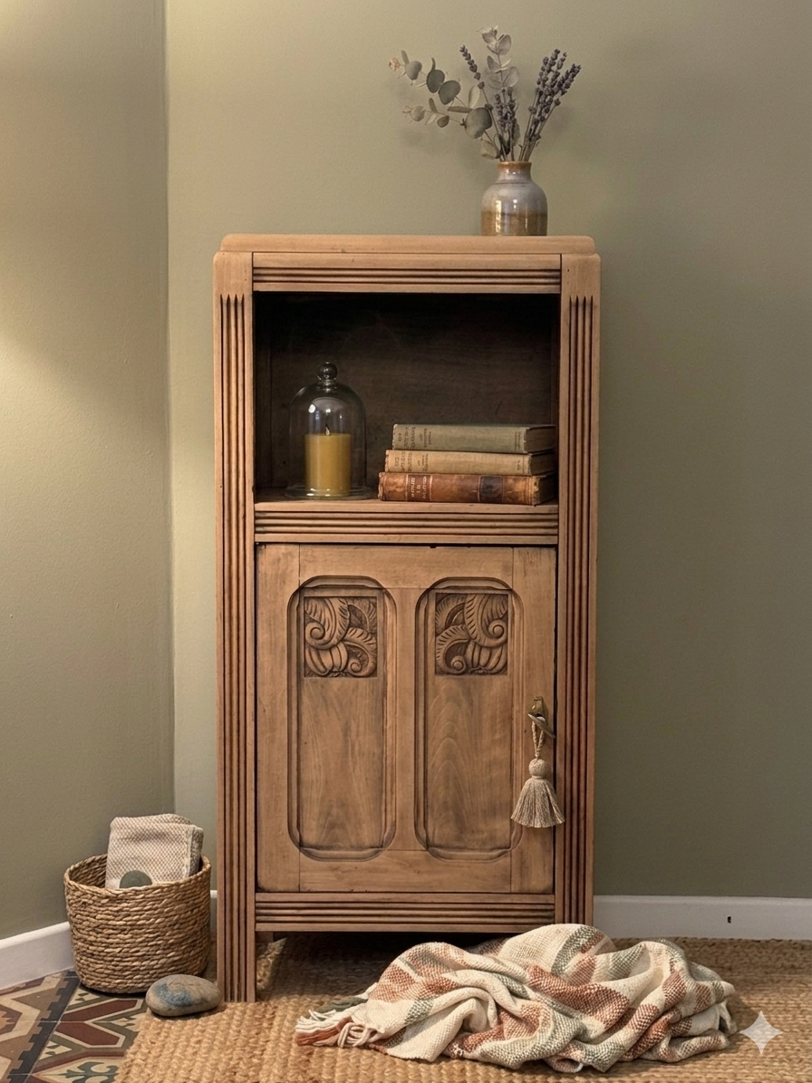 Small Art Deco jam cabinet in carved blonde oak
