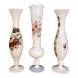 Set of 3 vintage vases/soliflores in white opaline with floral decorations.