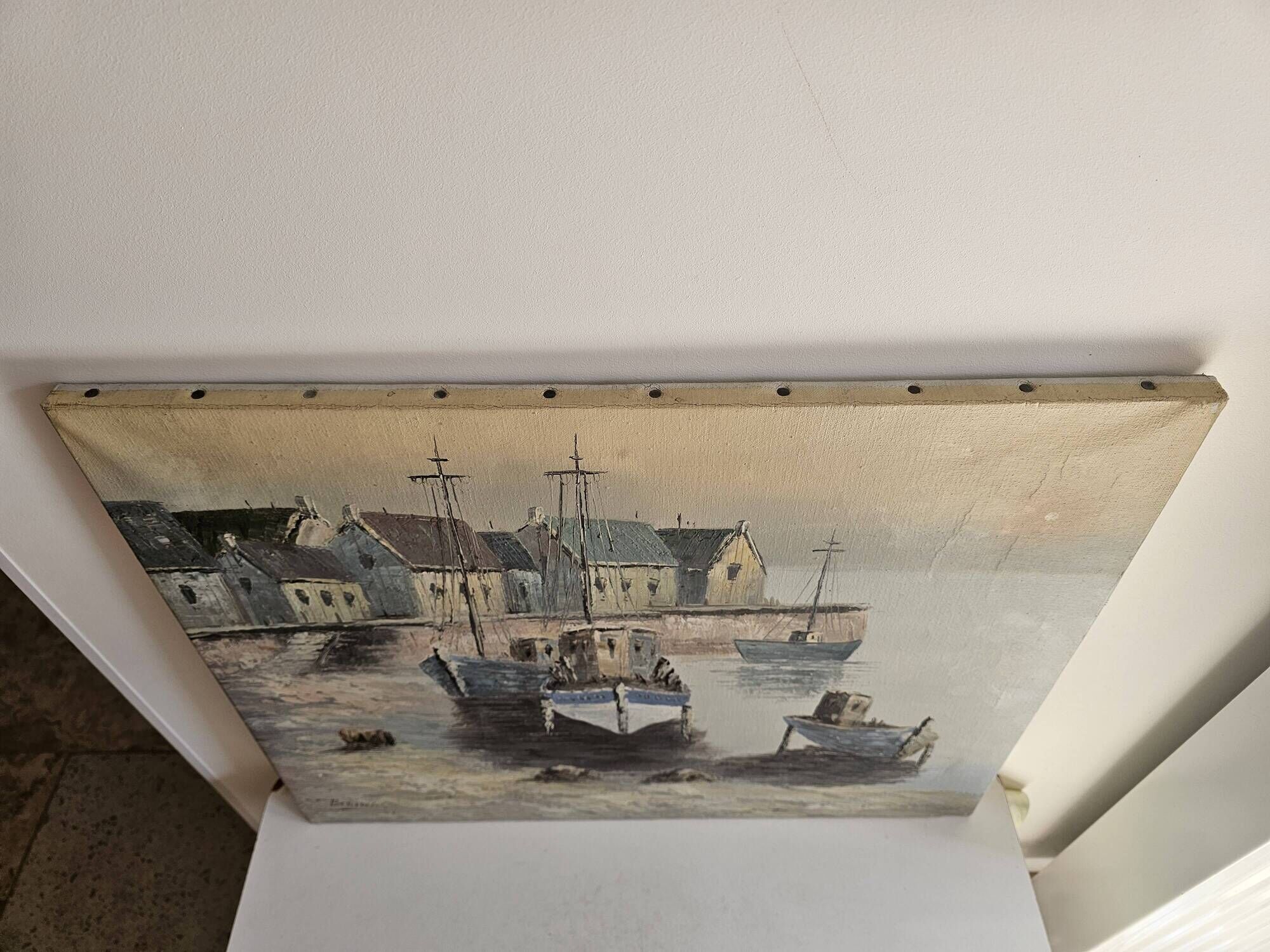 Oil on canvas - Marine, fishing port in a village signed Billings
