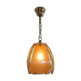 Vintage French Gold Metal Ceiling Light With Tree Orange Glass Panels 3737