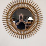 Miroir soleil  XL en rotin des années 50/60