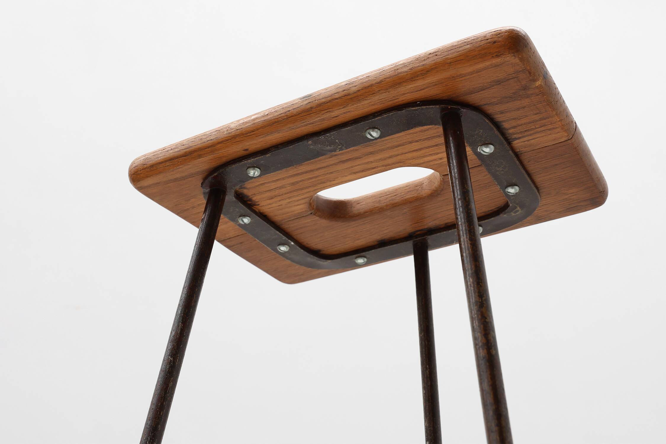 Modernist Industrial Iron and Oak Split Slats Stool, France ca. 1910