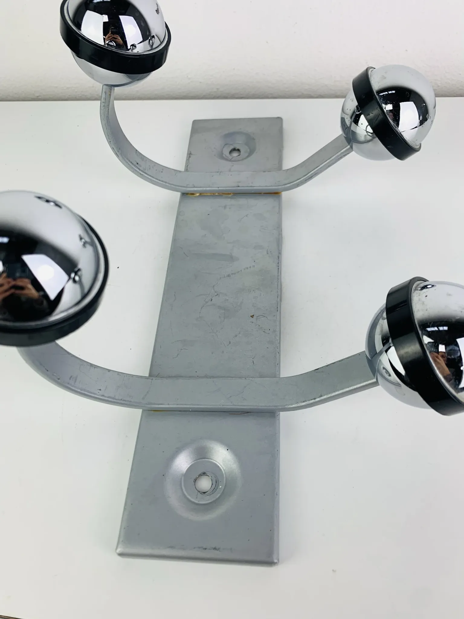 Wall-mounted coat rack, double chrome and grey metal hook, vintage