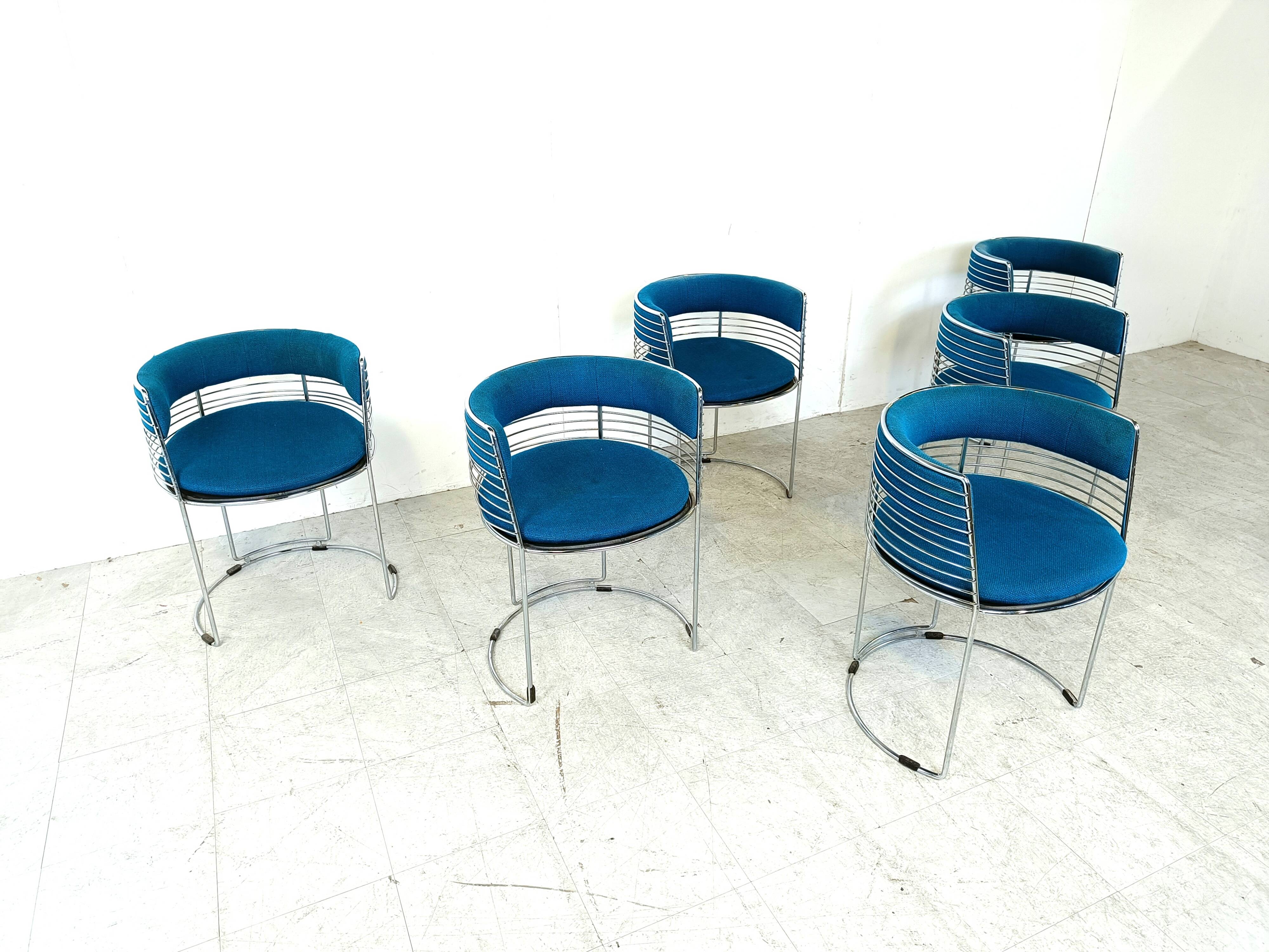 Set of 6 chrome wire and blue fabric dining chairs, 1970s