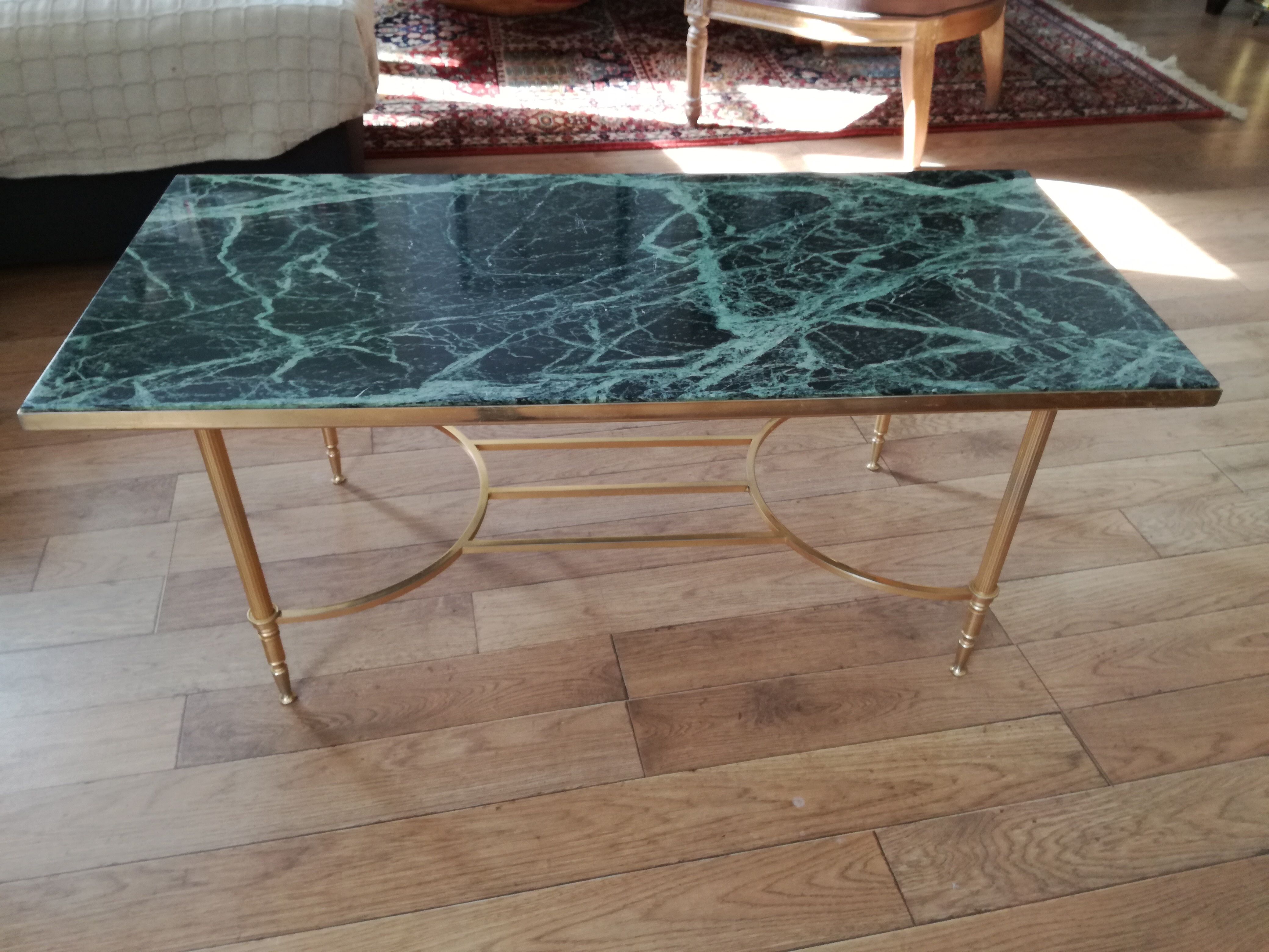 Coffee table in green marble and brass