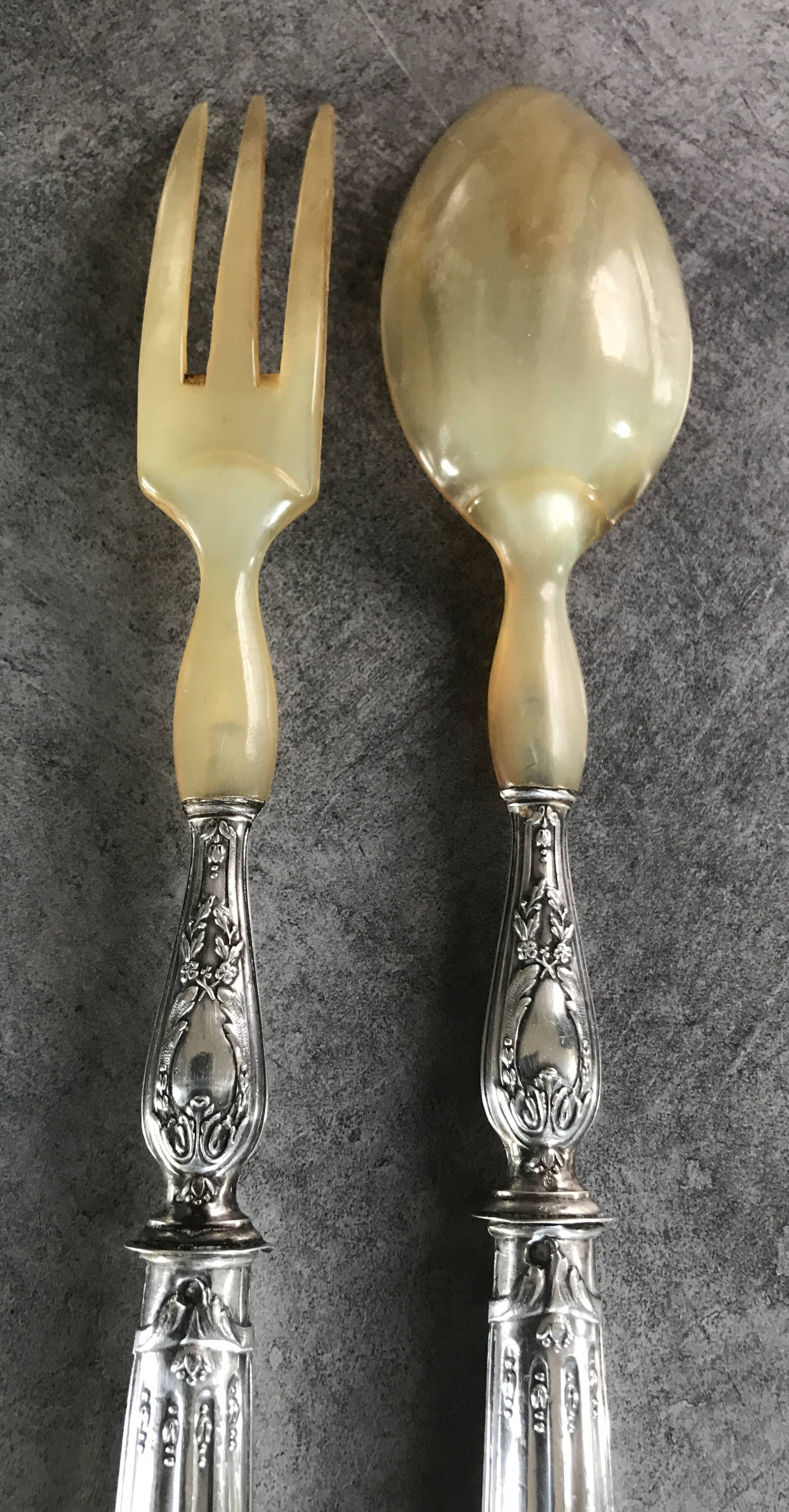 Serving cutlery, salad cutlery, in filled silver, minerva hallmarks
