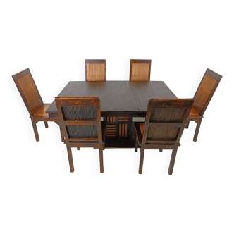 Mid century bamboo high back dining chairs with table, 1960s