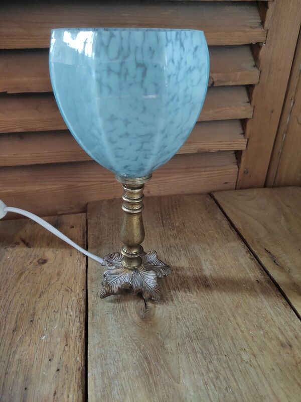 Bedside lamp patinated golden brass tulip glass Clichy bluish