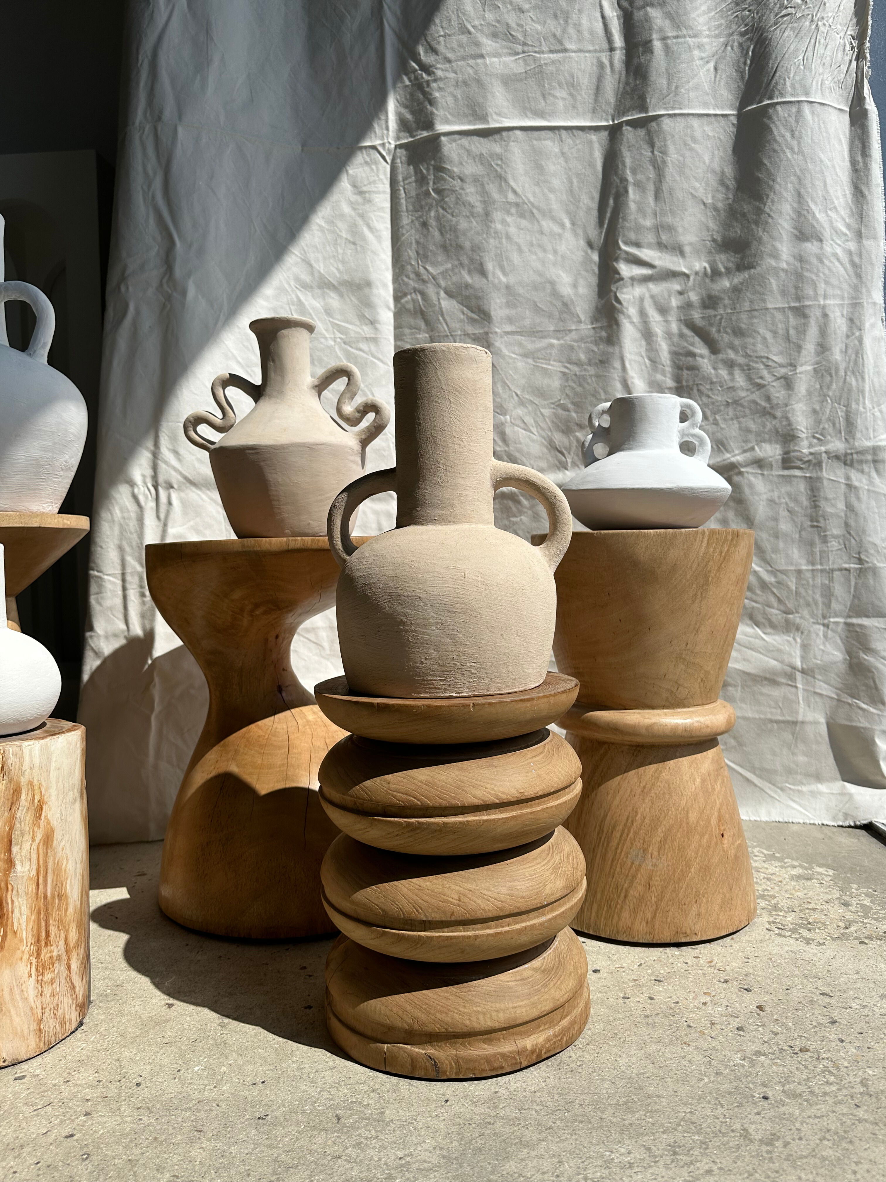 Handmade terracotta vase painted white with double handles H:16 D:20