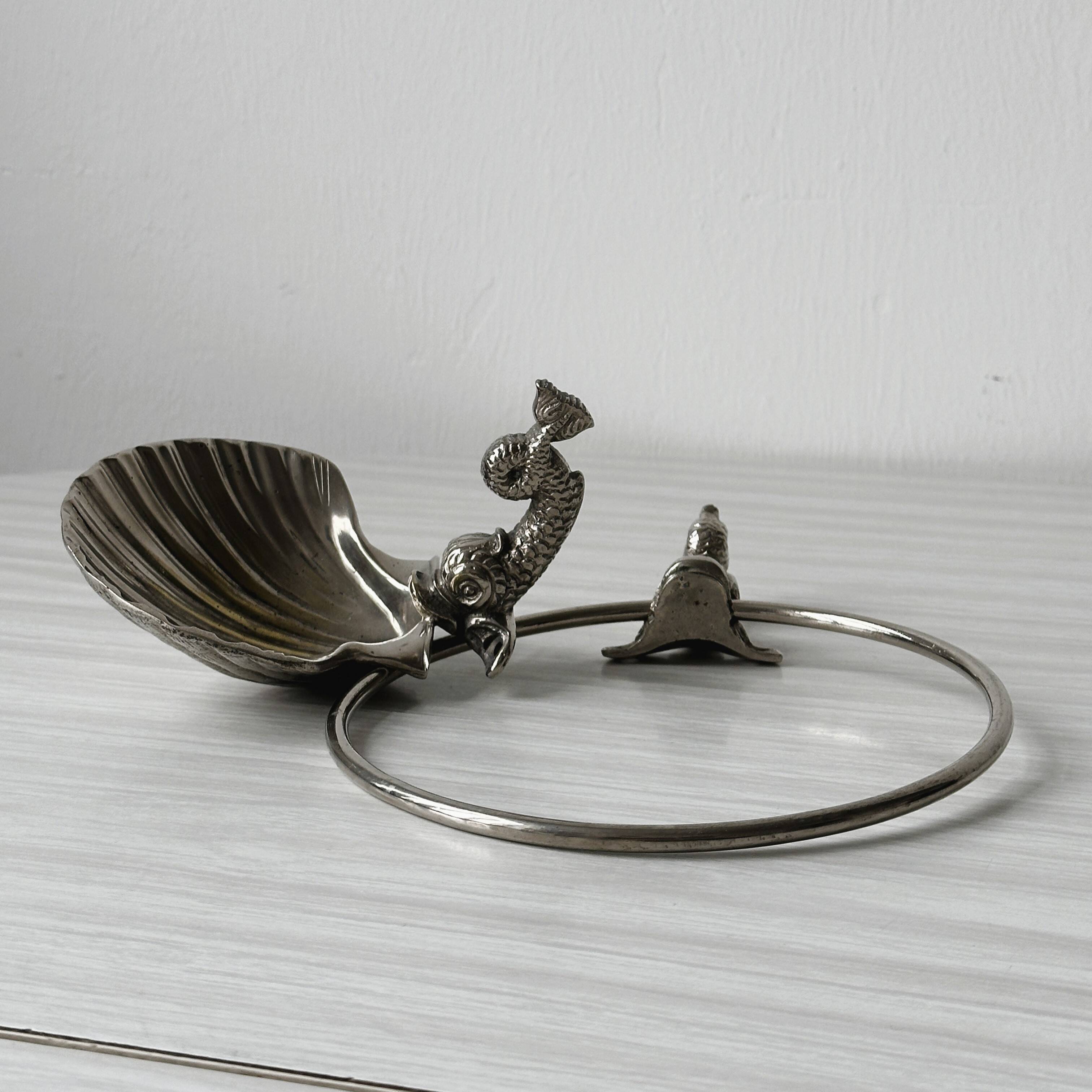 Vintage silver metal wall mounted soap dish and towel holder set