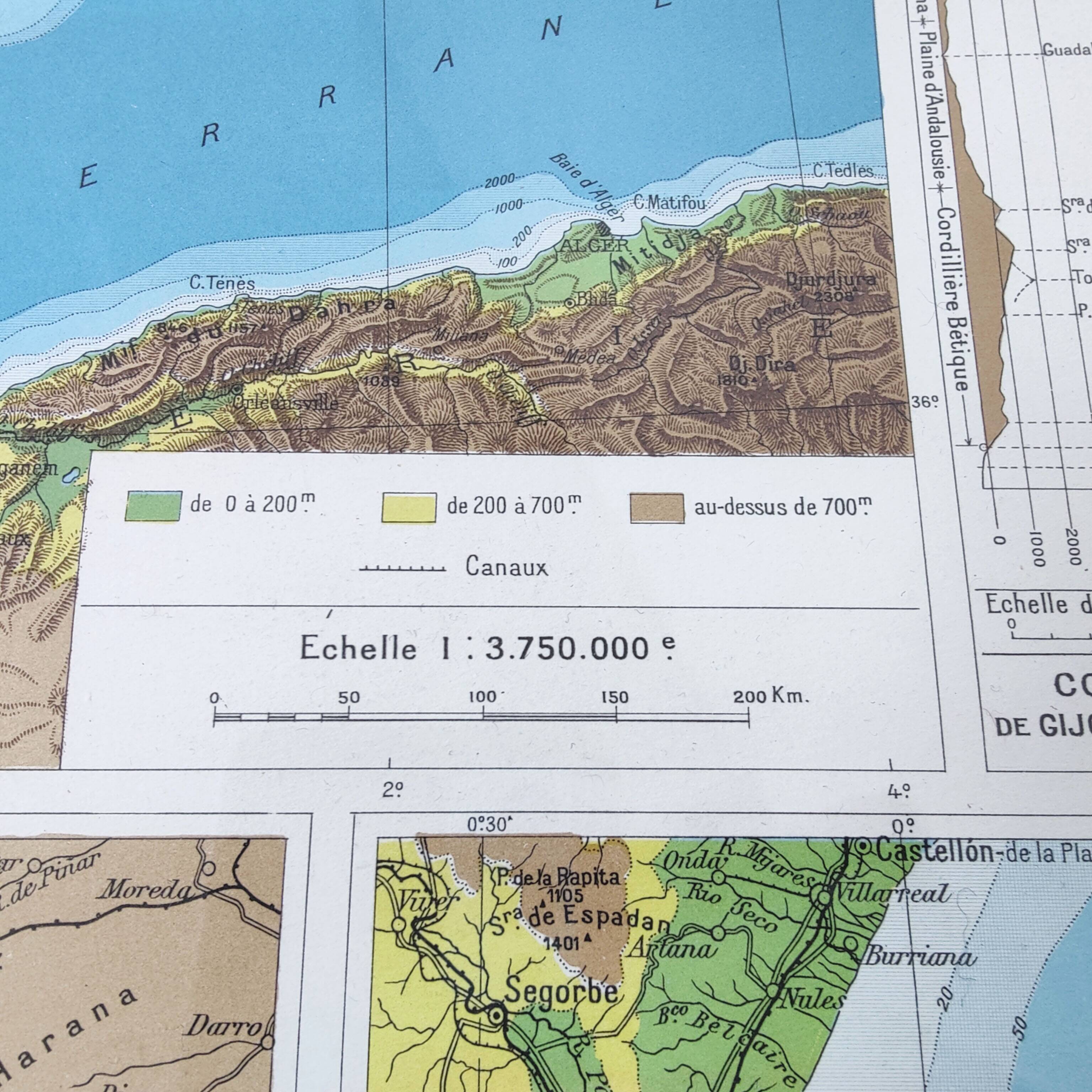 Spain and Portugal map in vintage colors 43x43cm from 1950