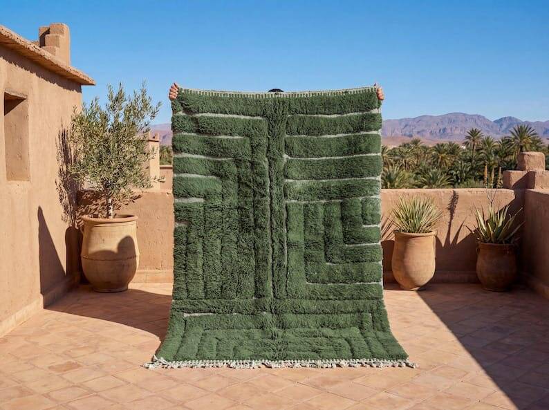 Traditional pure wool green beni ourain rug size 150x250 cm